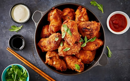Capture the essence of Korean Fried Chicken in a mouthwatering food photography shotの素材