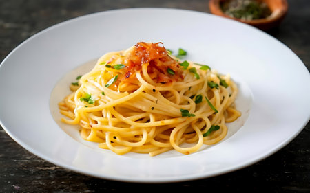 Capture the essence of Spaghetti Aglio E Olio in a mouthwatering food photography shotの素材