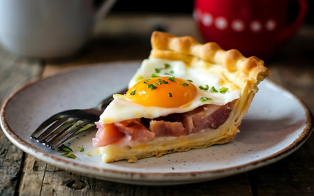 Capture the essence of Bacon and Egg Pie in a mouthwatering food photography shotの素材