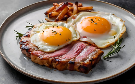 Capture the essence of Steak and Eggs in a mouthwatering food photography shotの素材