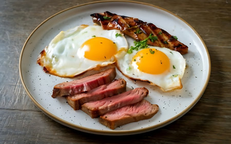 Capture the essence of Steak and Eggs in a mouthwatering food photography shotの素材