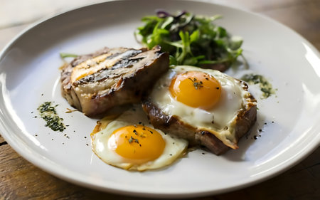 Capture the essence of Steak and Eggs in a mouthwatering food photography shotの素材