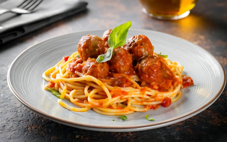Capture the essence of Spaghetti and Meatballs in a mouthwatering food photography shotの素材