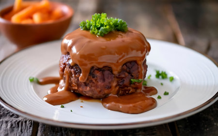 Capture the essence of Salisbury Steak in a mouthwatering food photography shotの素材