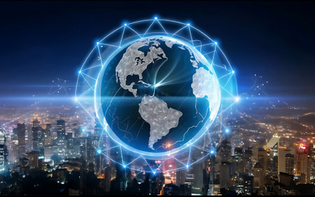 Global network connection with world map on night city background. Globalization concept.の素材