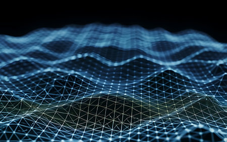 Data technology abstract futuristic illustration. Low poly shape with connecting dots and lines on dark background. 3D rendering. Big data visualization.の素材