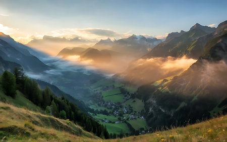 Sunset in the Swiss Alps. Panoramic view of the valley.の素材