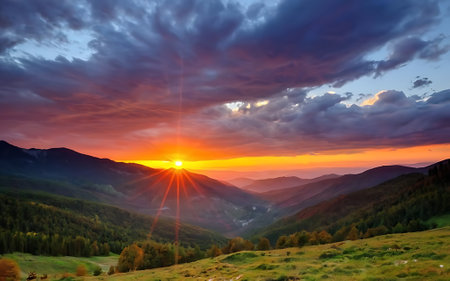 Sunset in the Carpathian mountains. Ukraine, Europe.の素材