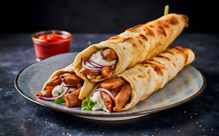 Capture the essence of Schwarma in a mouthwatering food photography shotの素材