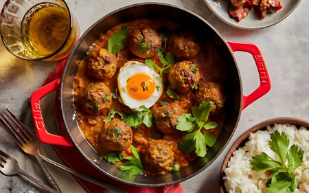 Capture the essence of Moroccan Meatball and Egg Tagine in a mouthwatering food photography shotの素材
