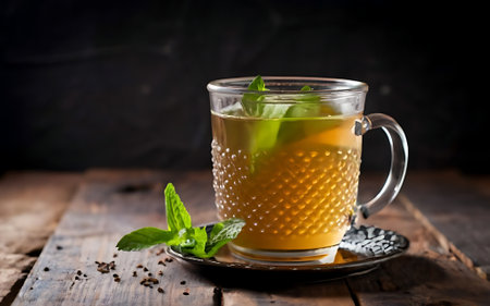 Capture the essence of Moroccan Mint Tea in a mouthwatering food photography shotの素材