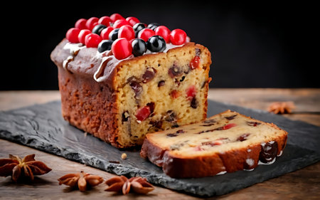 Capture the essence of Fruit Cake in a mouthwatering food photography shotの素材
