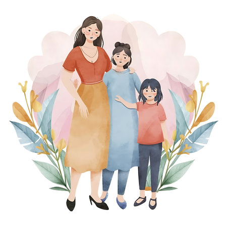 Colorful Watercolor Fashion Illustration Mother and Children Happy Mother's Day, illustration, 3d render, typographyの素材