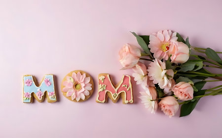 Glazed cookies with the word MOM and a beautiful bouquet of flowers on a pink, isolated background. Top view. Congratulations for your beloved motherの素材