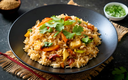 Capture the essence of Khao Phat in a mouthwatering food photography shotの素材
