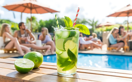 Refreshing mojito with fruit and umbrella at outdoor entertainment clubの素材