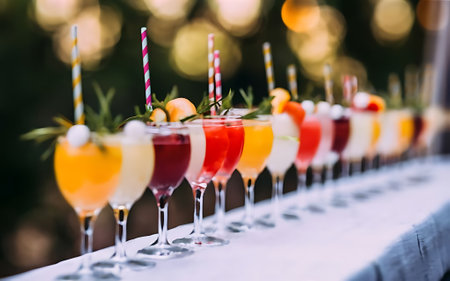 Beautiful row line of different colored alcohol cocktails on a party martini vodka and others on decorated catering bouquet table on open air event picture with beautiful bokehの素材