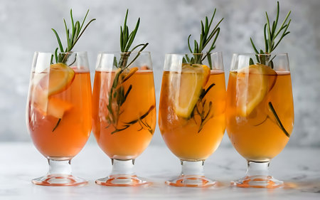 Four glasses of italian spritz held up in a toastの素材