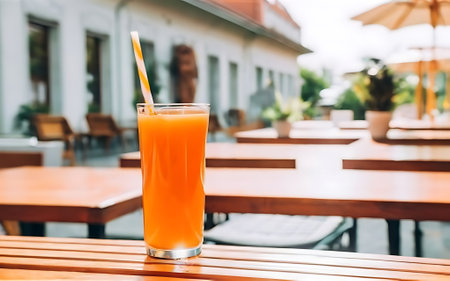 Abstract summer cafe bar lounge blurred background a glass with orange juice on a terraceの素材