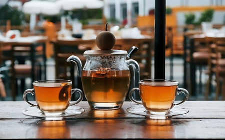Teapot and glass cups with tea against wooden background against the background of the restaurant in the eveningの素材