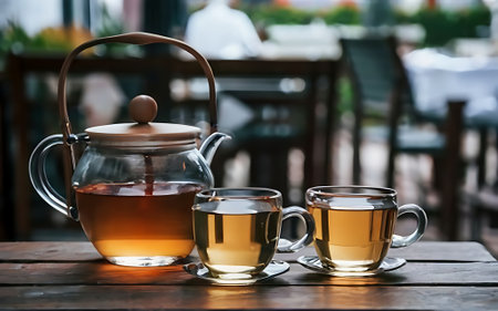 Teapot and glass cups with tea against wooden background against the background of the restaurant in the eveningの素材