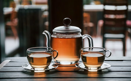 Teapot and glass cups with tea against wooden background against the background of the restaurant in the eveningの素材