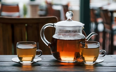 Teapot and glass cups with tea against wooden background against the background of the restaurant in the eveningの素材