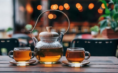 Teapot and glass cups with tea against wooden background against the background of the restaurant in the eveningの素材