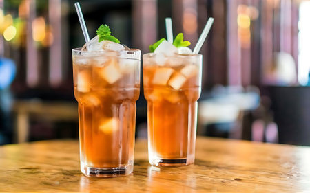 Two glass soft drink with ice in restaurant backgroundの素材