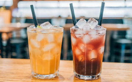 Two glass soft drink with ice in restaurant backgroundの素材