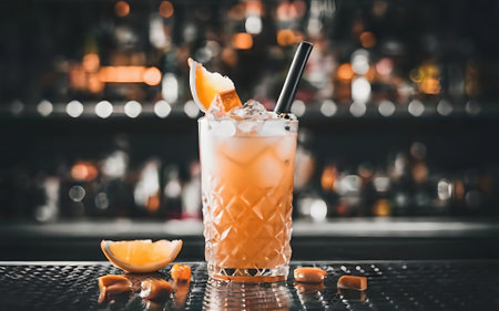Fresh orange juice summer ice cold modern cocktail with sweet caramels decoration slice author drink on bar counter close up top view copy paste space design barman people and luxury nightclubの素材