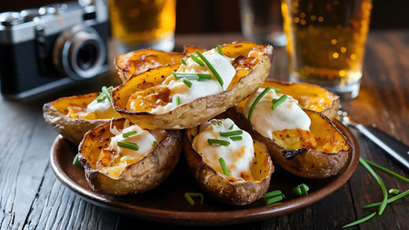 Capture the essence of Potato Skins in a mouthwatering food photography shotの素材