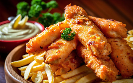 Capture the essence of Chicken Fingers in a mouthwatering food photography shotの素材