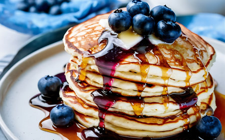Capture the essence of Blueberry Pancakes in a mouthwatering food photography shotの素材