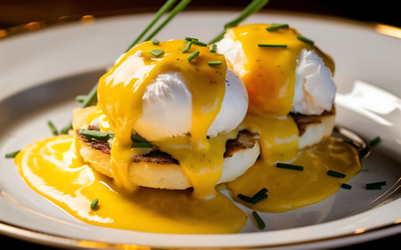 Capture the essence of Eggs Benedict in a mouthwatering food photography shotの素材
