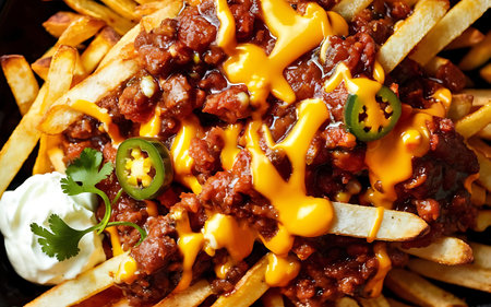 Capture the essence of Chili Cheese Fries in a mouthwatering food photography shotの素材