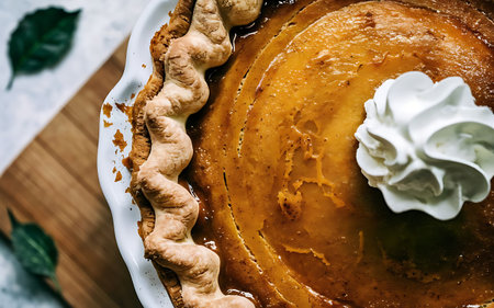 Capture the essence of Pumpkin Pie in a mouthwatering food photography shotの素材