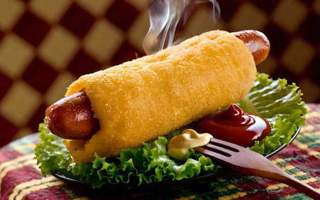 Capture the essence of Corn Dog in a mouthwatering food photography shotの素材