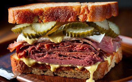 Capture the essence of Pastrami Sandiwch in a mouthwatering food photography shotの素材