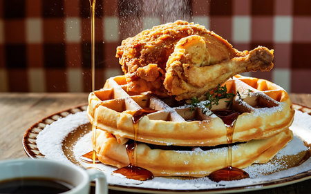 Capture the essence of Chicken and Waffles in a mouthwatering food photography shotの素材