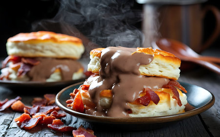 Capture the essence of Biscuits and Gravy in a mouthwatering food photography shotの素材