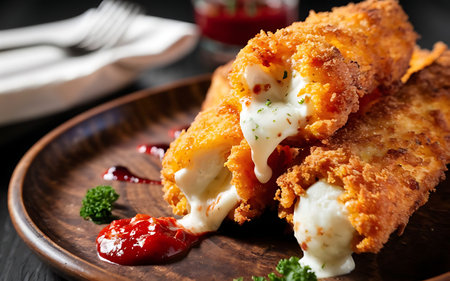 Capture the essence of Mozzarella Sticks in a mouthwatering food photography shotの素材