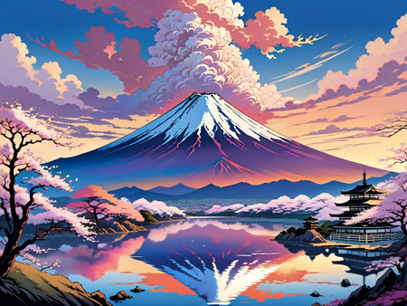 a painting of a mountain with a pagoda in the foregroundの素材