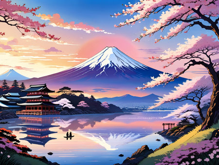 a painting of a mountain with a pagoda in the foregroundの素材