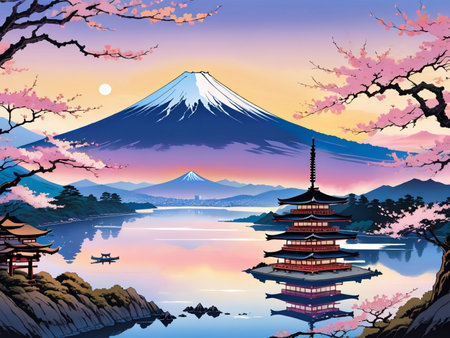 a painting of a mountain with a pagoda in the foregroundの素材