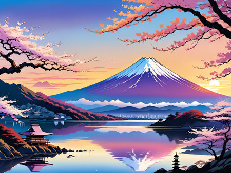 a painting of a mountain with a pagoda in the foregroundの素材
