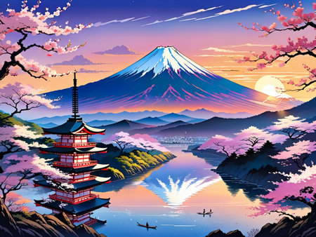 a painting of a mountain with a pagoda in the foregroundの素材