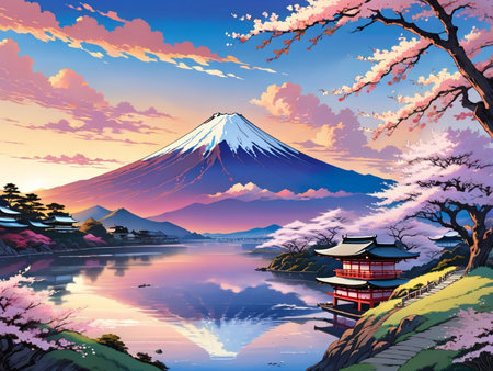 a painting of a mountain with a pagoda in the foregroundの素材