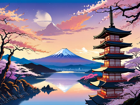 a painting of a mountain with a pagoda in the foregroundの素材