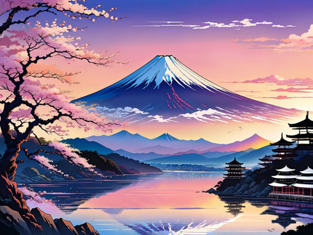 a painting of a mountain with a pagoda in the foregroundの素材